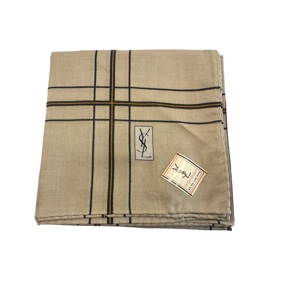 YSL Yves Saint Laurent Pocket Square Handkerchief / Scarf - Beige Plaid - Picture 5 of 10